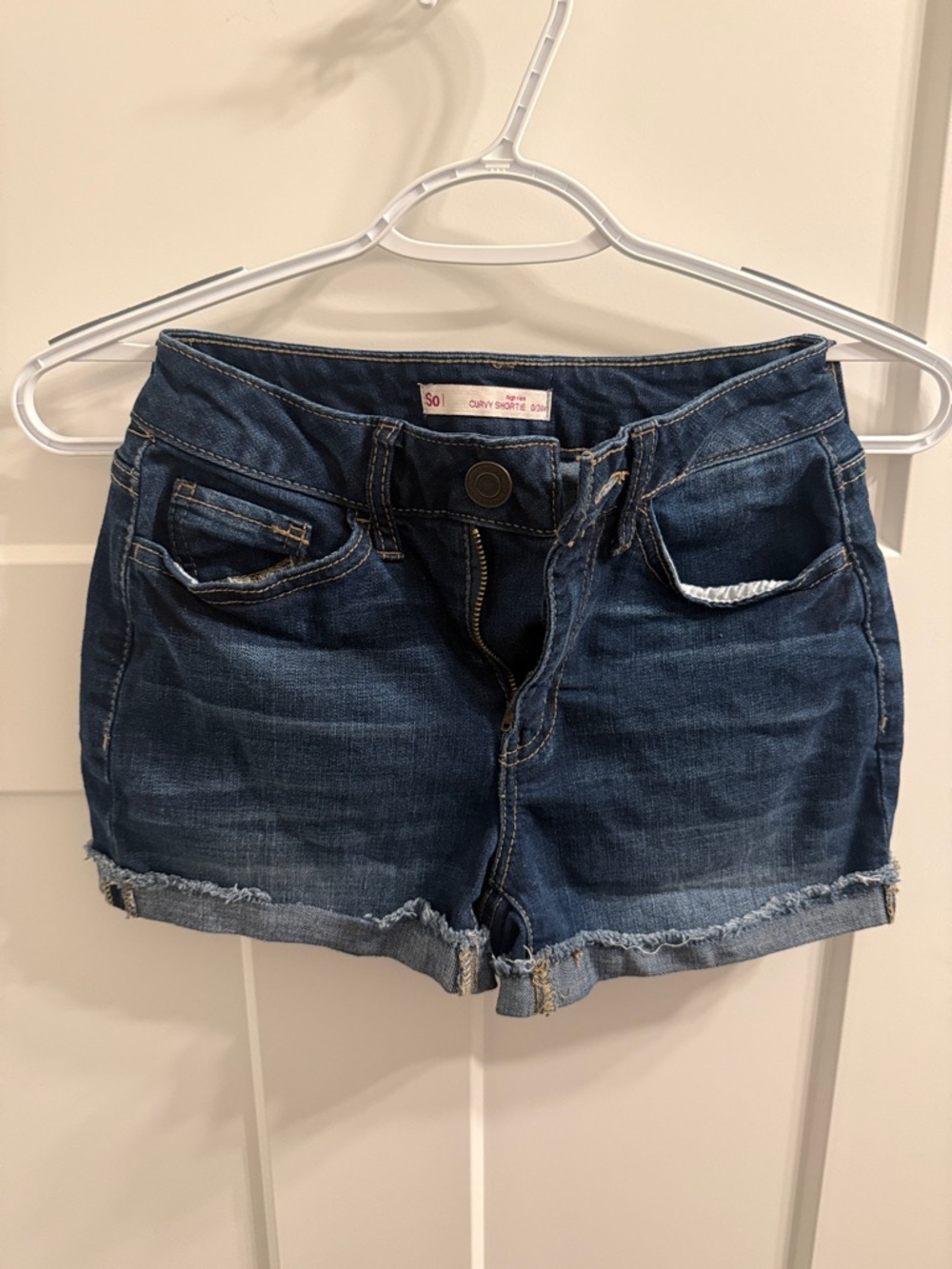 SO Dark Indigo Frayed Hem Jean Shorts